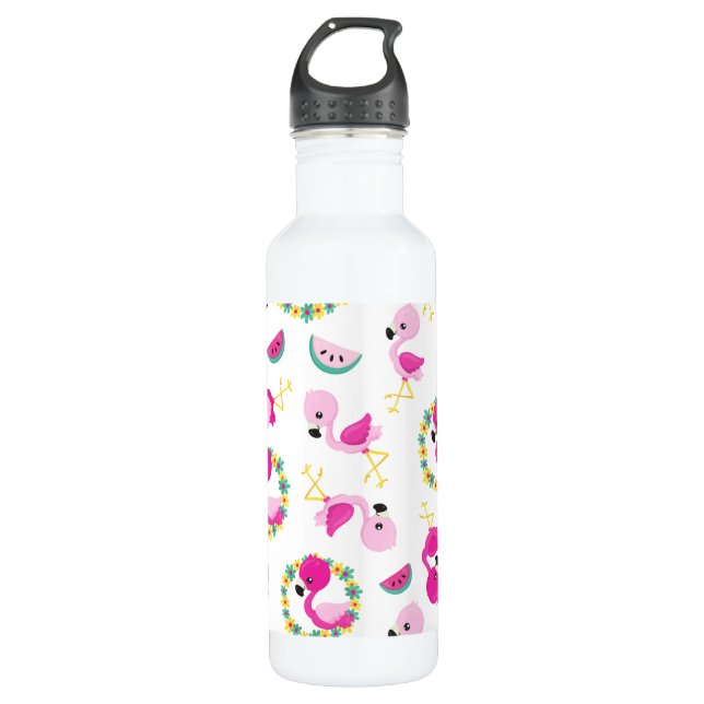 Tropical Pattern, Flamingos, Watermelons, Flowers Stainless Steel Water Bottle (Front)