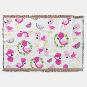 Tropical Pattern, Flamingos, Watermelons, Flowers Throw Blanket
