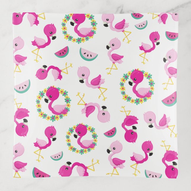 Tropical Pattern, Flamingos, Watermelons, Flowers Trinket Tray (Front)