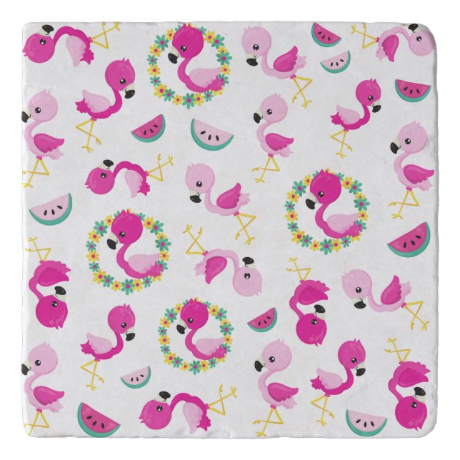 Tropical Pattern, Flamingos, Watermelons, Flowers Trivet (Front)