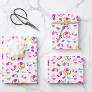 Tropical Pattern, Flamingos, Watermelons, Flowers Wrapping Paper Sheets