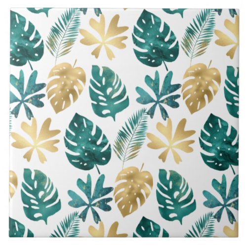 Tropical Pattern Green Yellow Gold Palm Leaves Ceramic Tile