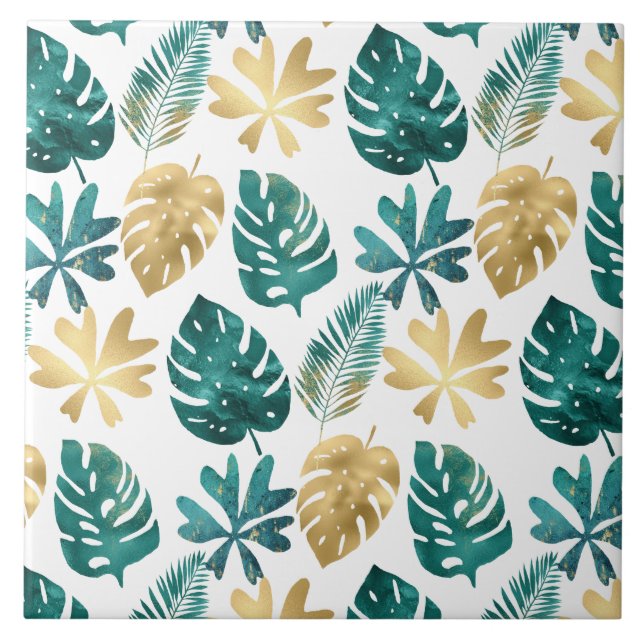 Tropical Pattern Green Yellow Gold Palm Leaves Ceramic Tile (Front)