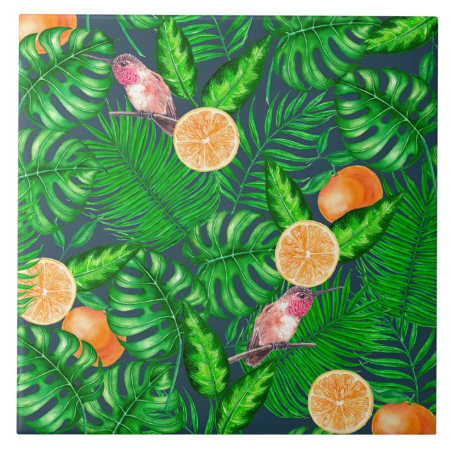 Tropical pattern, hummingbirds ceramic tile (Front)
