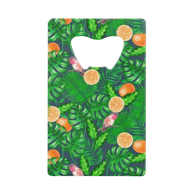 Tropical pattern, hummingbirds credit card bottle opener (Front)