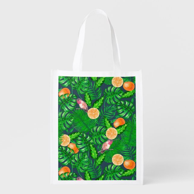 Tropical pattern, hummingbirds grocery bag (Front)