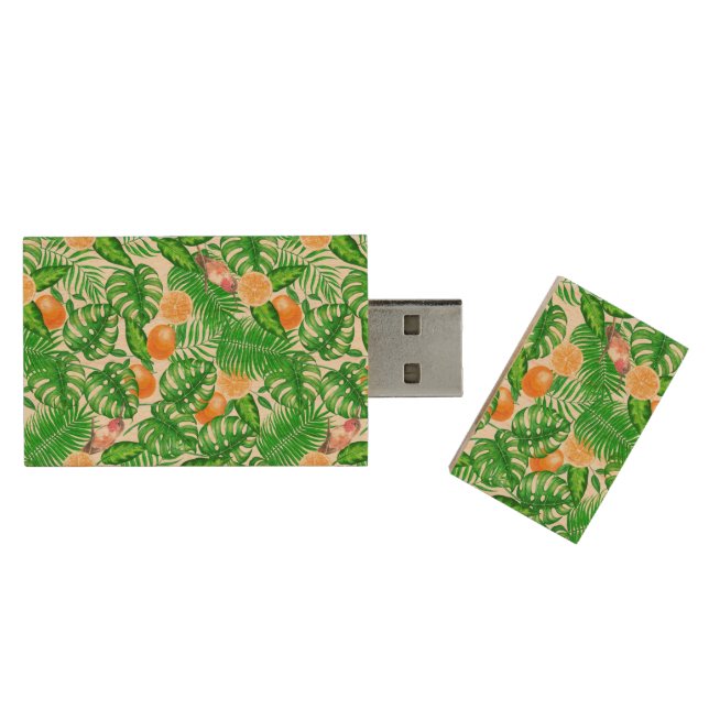 Tropical pattern, hummingbirds II Wood Flash Drive (Opened)