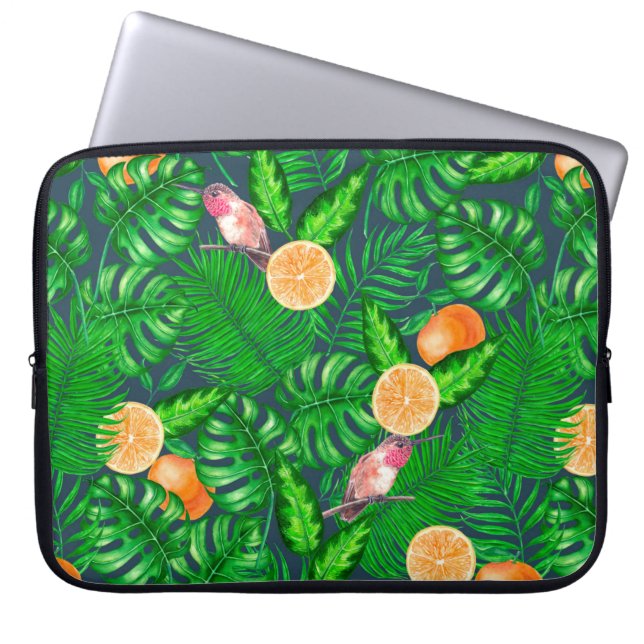 Tropical pattern, hummingbirds laptop sleeve (Front)