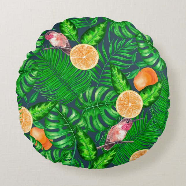 Tropical pattern, hummingbirds round pillow (Front)