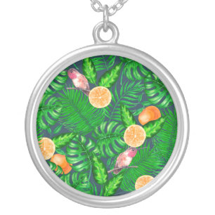 Tropical pattern, hummingbirds silver plated necklace