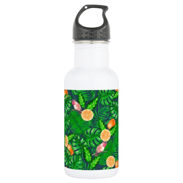 Tropical pattern, hummingbirds stainless steel water bottle (Front)