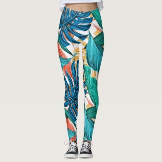 Tropical pattern, jungle palm leafs, floral theme leggings