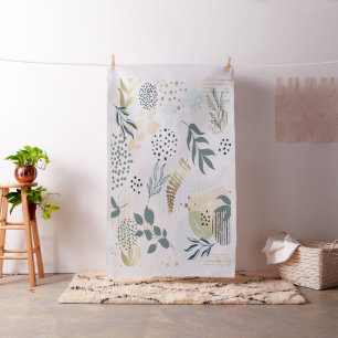 Tropical pattern leaves white blue gold fabric