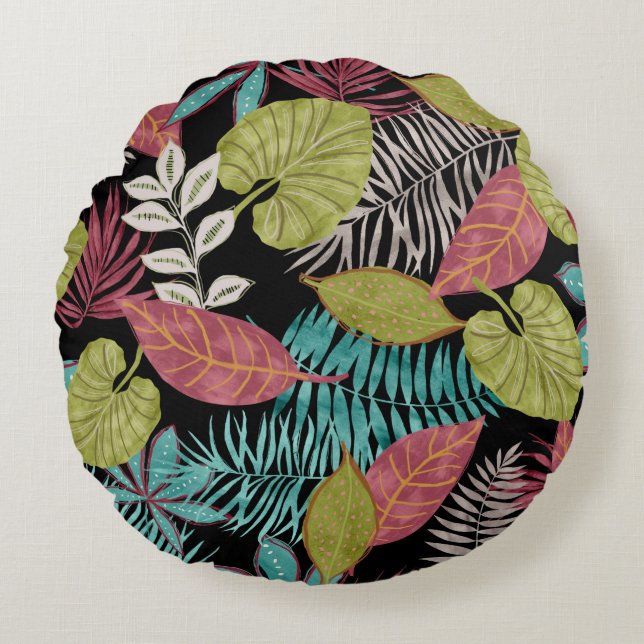 Tropical pattern made with dark background and lea round pillow (Front)