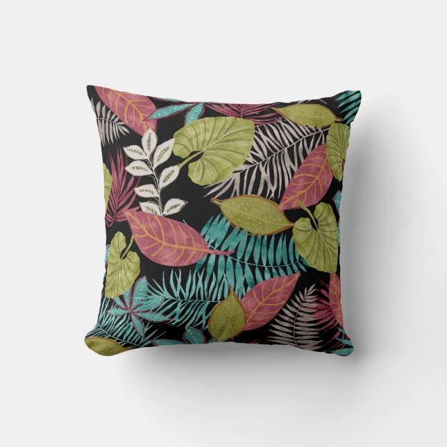Tropical pattern made with dark background and lea throw pillow (Front)