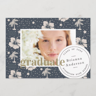 Tropical Pattern Navy Blue Luau Photo Graduation Invitation