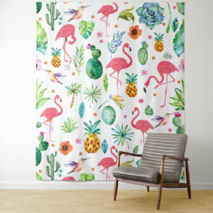 Tropical Pattern Pink Flamingos & Flowers Tapestry