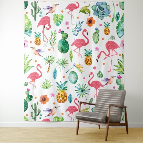 Tropical Pattern Pink Flamingos  Flowers Tapestry