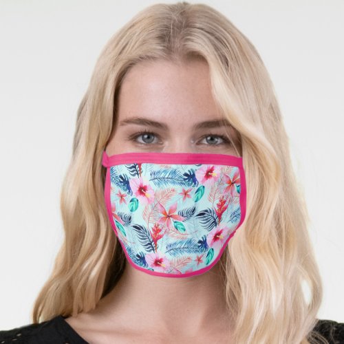 Tropical Pattern Pretty Ferns and Hibiscus Flower Face Mask