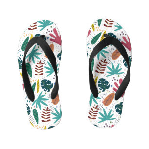 tropical pattern with colorful leaves kid's flip flops