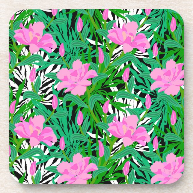 Tropical Pattern With Jungle Flowers Drink Coaster (Front)
