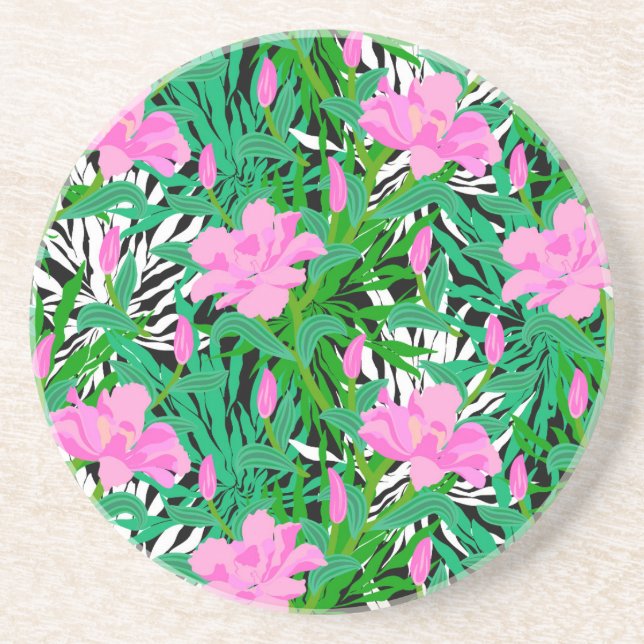 Tropical Pattern With Jungle Flowers Drink Coaster (Front)