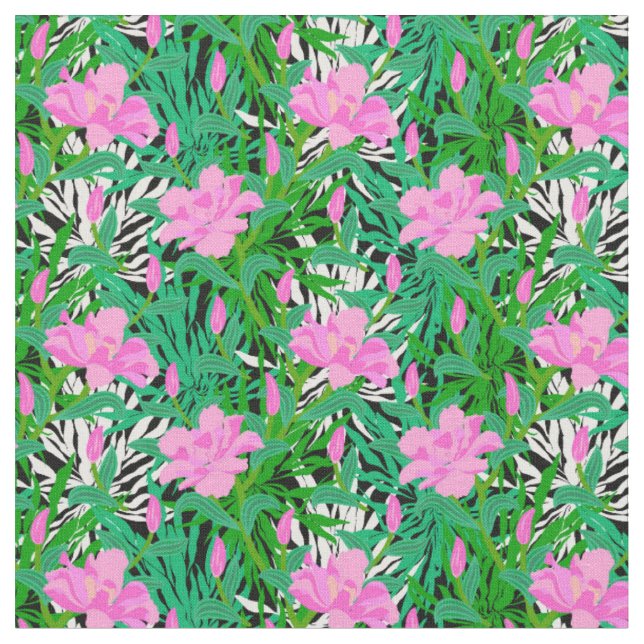 Tropical Pattern With Jungle Flowers Fabric (Close Up)