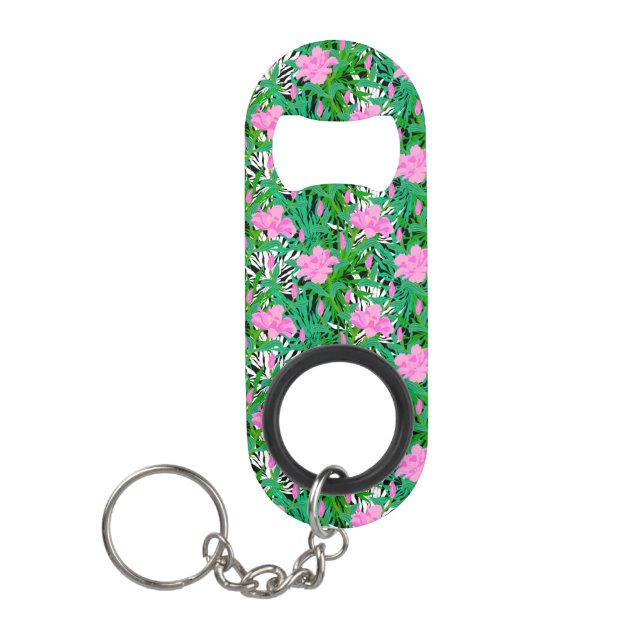 Tropical Pattern With Jungle Flowers Keychain Bottle Opener (Front)