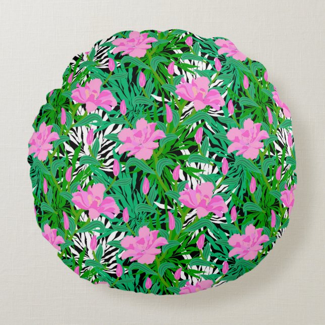 Tropical Pattern With Jungle Flowers Round Pillow (Front)