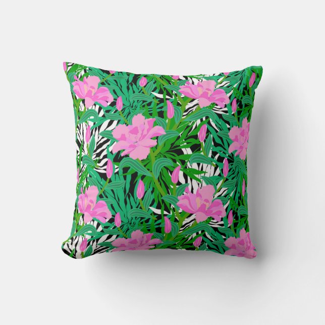 Tropical Pattern With Jungle Flowers Throw Pillow (Front)