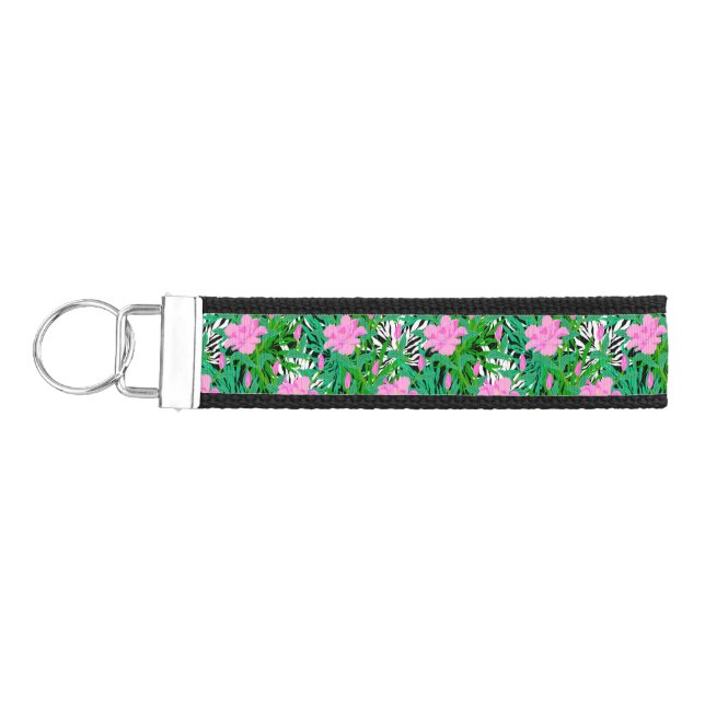 Tropical Pattern With Jungle Flowers Wrist Keychain (Keys on Left)