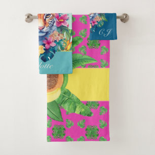 Tropical pattern with leopard, leaves and flowers bath towel set