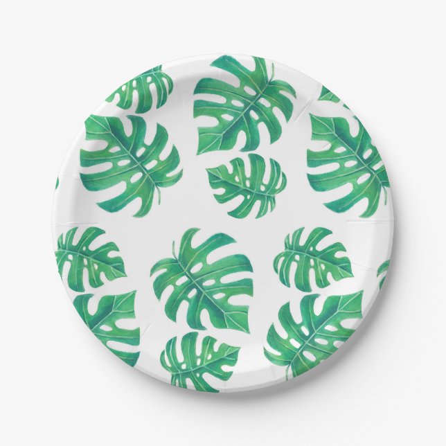 Tropical pattern with monstera leaves paper plates (Front)
