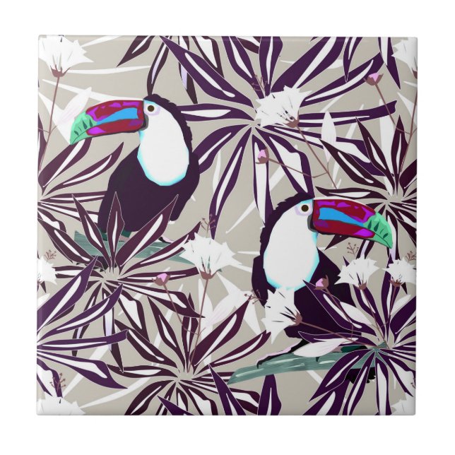 Tropical pattern with palm trees and birds. ceramic tile (Front)