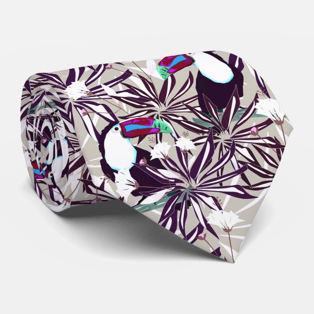 Tropical pattern with palm trees and birds. neck tie (Rolled)