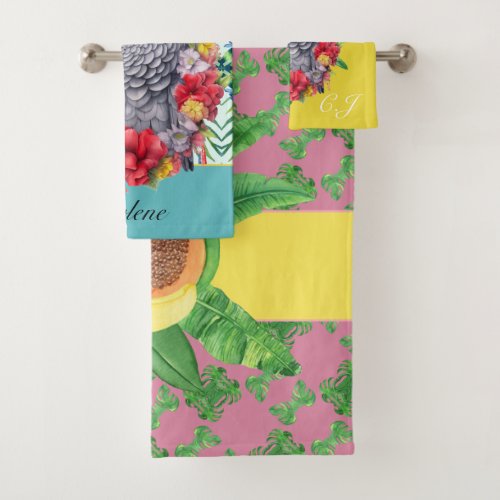 Tropical pattern with parrots leaves and flowers bath towel set