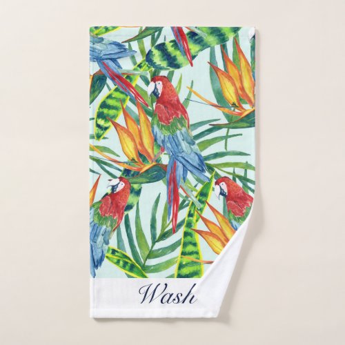 Tropical pattern with parrots leaves and flowers hand towel 