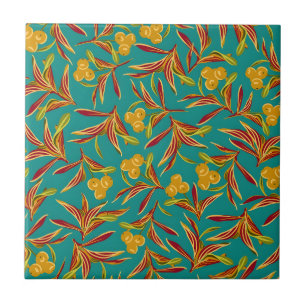 Tropical Pattern with Red and Yellow Leaves Ceramic Tile