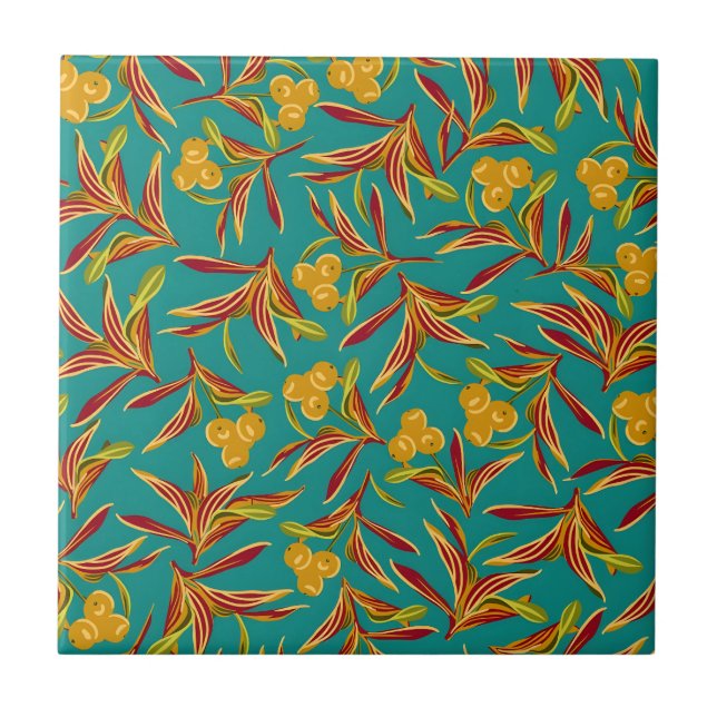 Tropical Pattern with Red and Yellow Leaves Ceramic Tile (Front)