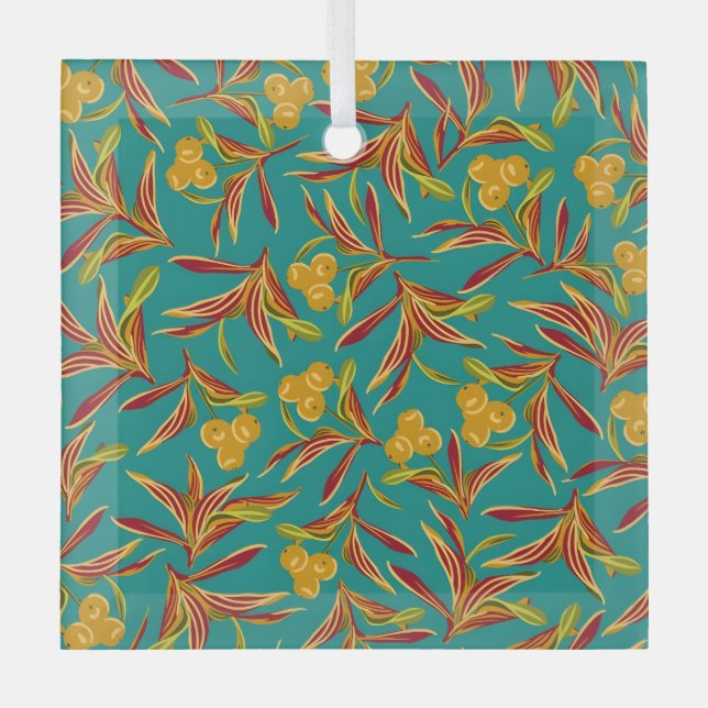 Tropical Pattern with Red and Yellow Leaves Glass Ornament (Front)