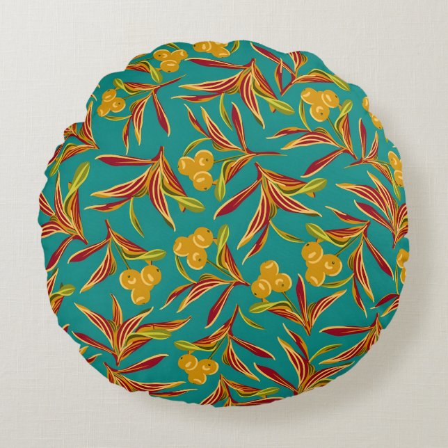 Tropical Pattern with Red and Yellow Leaves Round Pillow (Front)