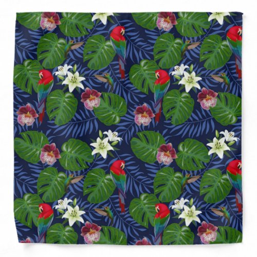 Tropical Pattern With Red Macaws And Monstera Palm Bandana