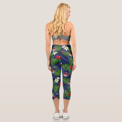 Tropical Pattern With Red Macaws And Monstera Palm Capri Leggings