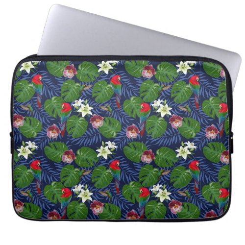 Tropical Pattern With Red Macaws And Monstera Palm Laptop Sleeve