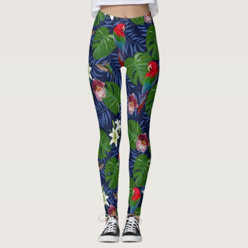 Tropical Pattern With Red Macaws And Monstera Palm Leggings