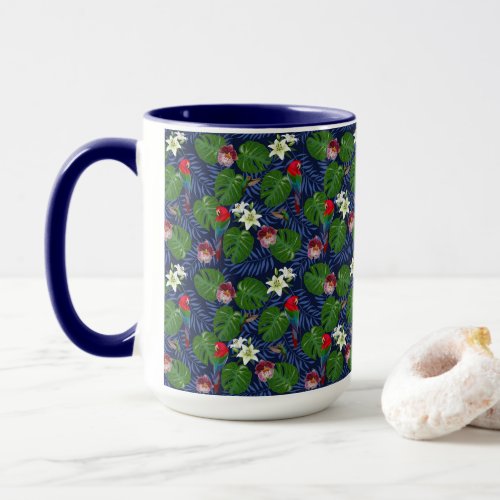 Tropical Pattern With Red Macaws And Monstera Palm Mug