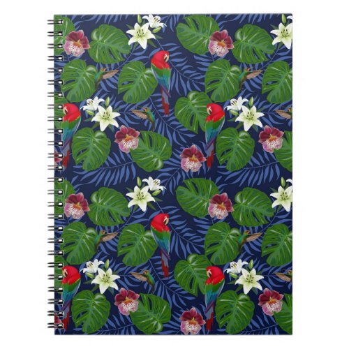 Tropical Pattern With Red Macaws And Monstera Palm Notebook