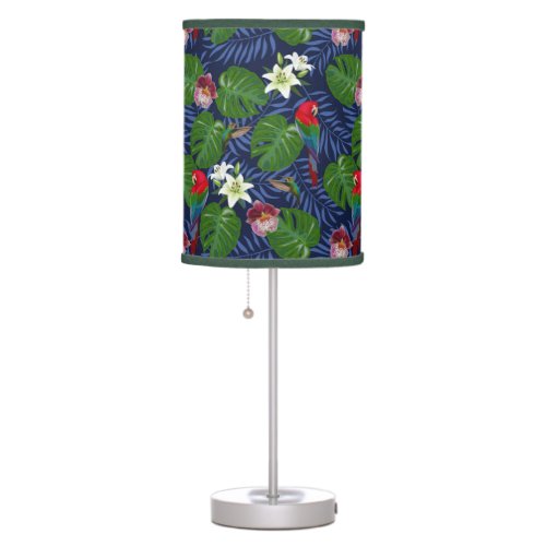 Tropical Pattern With Red Macaws And Monstera Palm Table Lamp