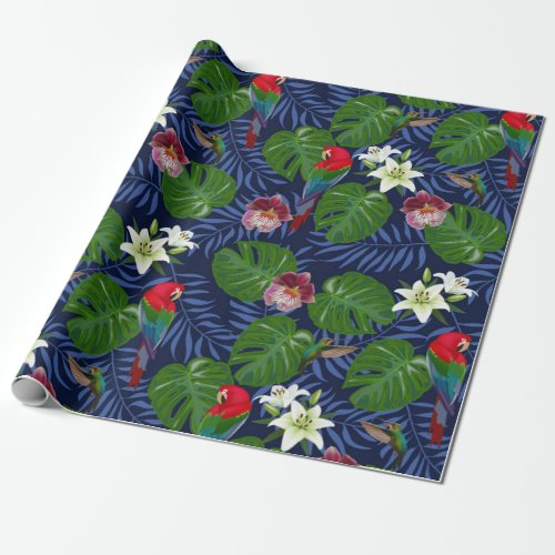 Tropical Pattern With Red Macaws And Monstera Palm Wrapping Paper