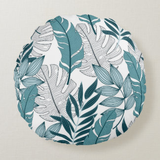 Tropical pattern with trendy plants and leaves on  round pillow